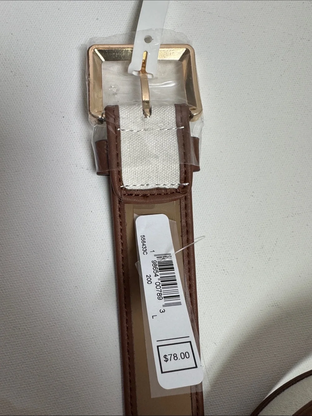 MICHAEL Michael Kors Cream Canvas Belt with Brown Trim and Gold Buckle